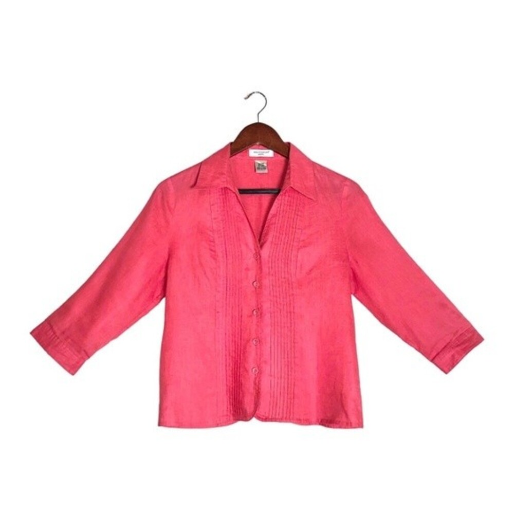 Vintage Coral Pink Linen 3/4 Sleeve Pintuck Pleat Button Front Shirt